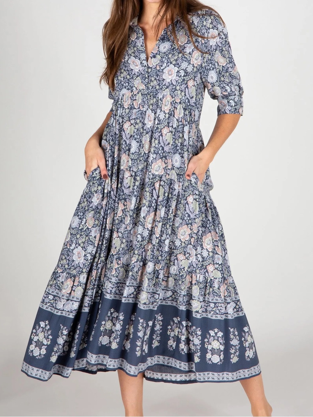 Natural Life size M Rebecca midi dress gray navy boho flowy cottagecore Floral